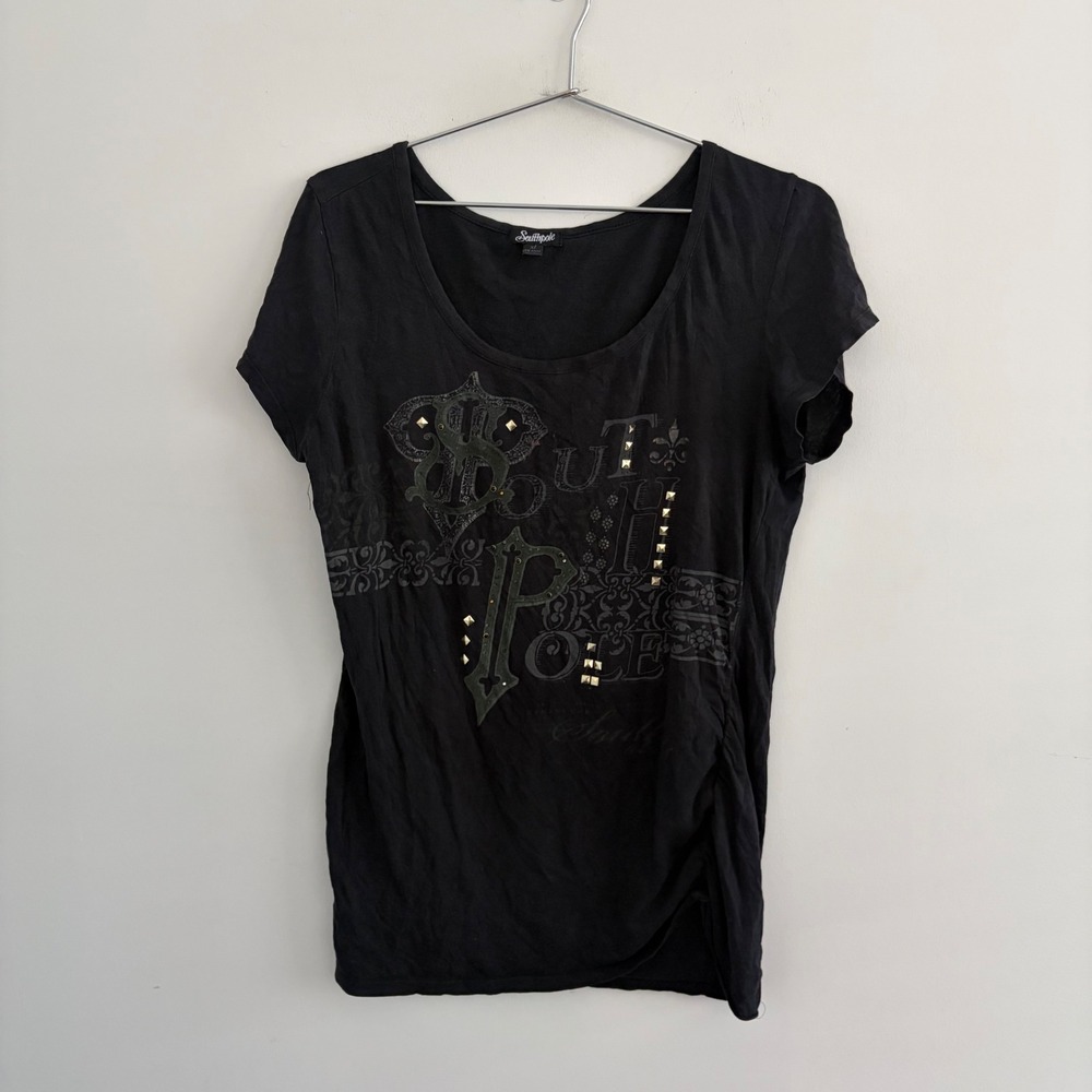 Southpole Womens Black Graphic Studded Scoop Neck T-Shirt XL